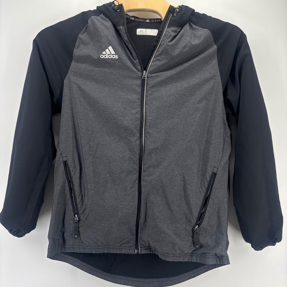 Adidas Windbreaker Jacket Mens M Gray Black Hooded Full Zip 6704A 16 Athletic